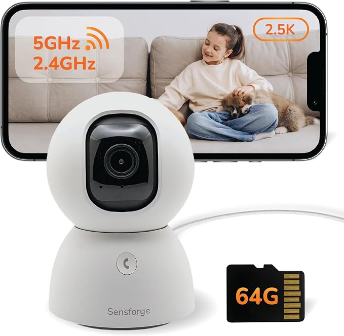 SensForge 2.5K Indoor Pan-Tilt Security Camera, 360° Dual-Band 2.4/5GB Wi-Fi Camera for Home, Free AI Human & Pet Detection, 64GB SD Card Included, Two-Way Talk, No Subscription Required(1, White)