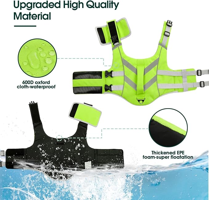 Kuoser Reflective Dog Life Jacket, Dog Life Vest for Swimming Boating | Adjustable Pet Lifejackets, High Flotation Doggie Swimsuit with Rescue Handle for Small Medium Large Dogs