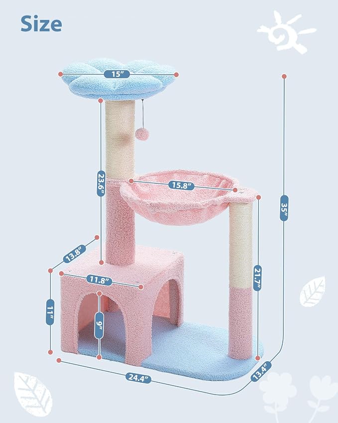 MUTTROS Flower Cat Tree with Large Metal Frame Hammock, 35" Pink Cat Tower with Sisal Scratching Posts for Small Indoor Cats, Cat Condo with Blue Top Perch for Kittens, Fluffy Ball, Pink