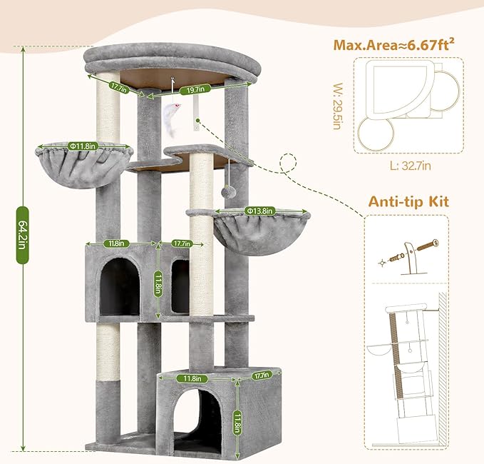 Globlazer C64 Heavy Duty Corner Cat Tree, 64in Large Cat Tower, Light Grey | Easy Setup, Maine Coon, Extra-Large Top Perch, 2 Condos, 2 Hanging Baskets, 4 Sisal Scratching Posts, Anti-Topple Strap