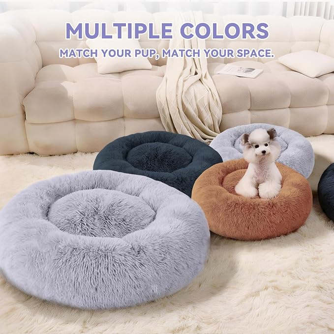 Calming Donut Dog Bed for Medium Dogs, Ultra Soft Fluffy Anti Anxiety Pet Bed, Plush Round Washable Dog Bed with Raised Rim for Corgi, French Bulldog, Shiba Inu & Indoor Pets (Light Grey, 28 Inch)