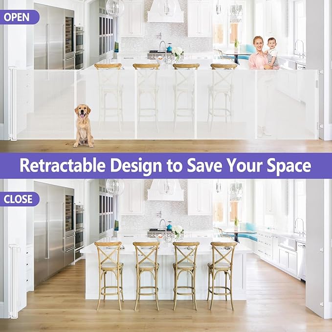 Reinforced 42" Tall Baby Gate 120" Wide Retractable Dog Gate Indoor/Outdoor | Tall Retractable Gate Prevent Crawling Under, Easy One-Hand Operation Safety Lock, Scratch-Resistant Mesh, Easy Install/White
