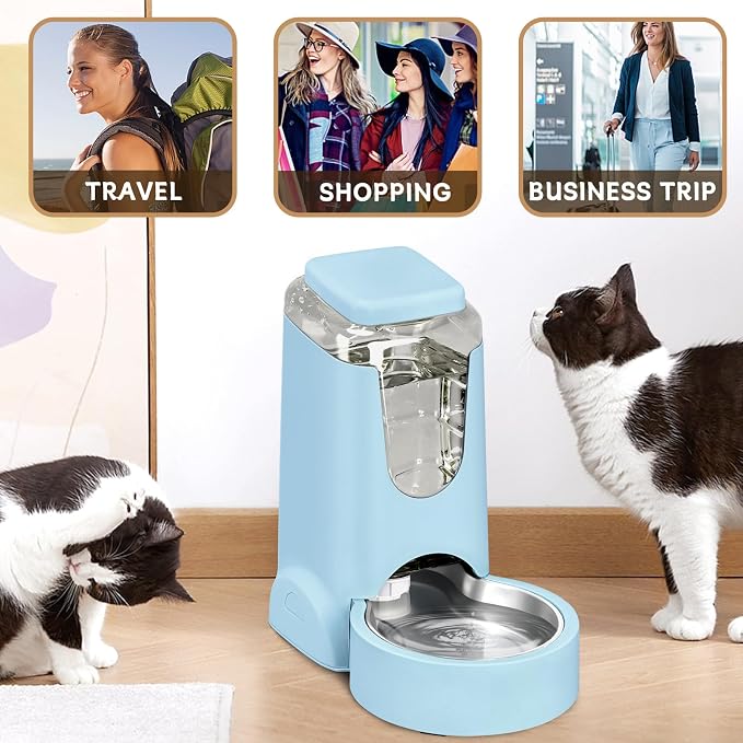 Portable Automatic Cat Feeder and Water Dispenser with Stainless Steel Bowl Dog Gravity Food Feeder and Waterer for Small Medium Pets Puppy Kitten 1 Gallon x 2 (Light Blue（3.8L*2）)