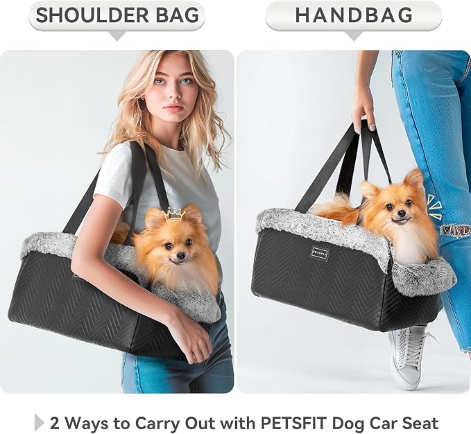 PETSFIT Center Console Dog Car Seat, Portable Pet Car Seat with Safe Protective Hooks, Luxury Dog Car Seats for Small Dogs Includes Safety Leash and Storage Pocket for Pets Up to 9 lbs (Black)