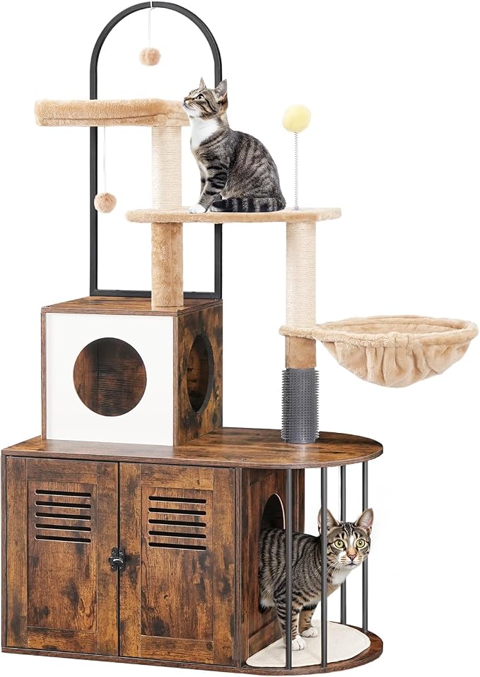 HOOBRO Cat Tree with Litter Box Enclosure, All-in-One 31.5" Cat Tower with Hidden Litter Box Cover Furniture for Indoor Cats, Versatile Cat Condo with Sisal Posts, Hammock, Rustic Brown FG45MZ03
