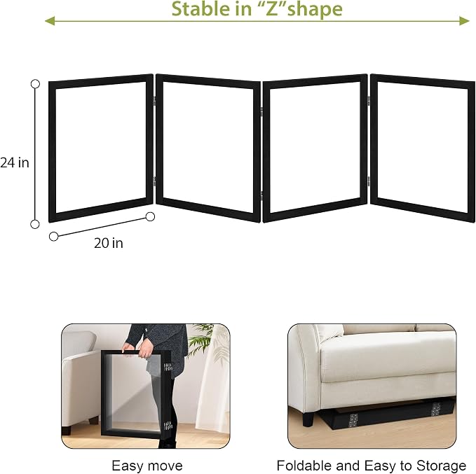 LZRS Extra-Wide Clear Dog Gate for Indoor Use - Transparent Pet Fence with Solid Hardwood and Plastic Board, Stylish & Durable freestanding Pet Gate for Doorways, Stairs and Hallways-4 Panel Black