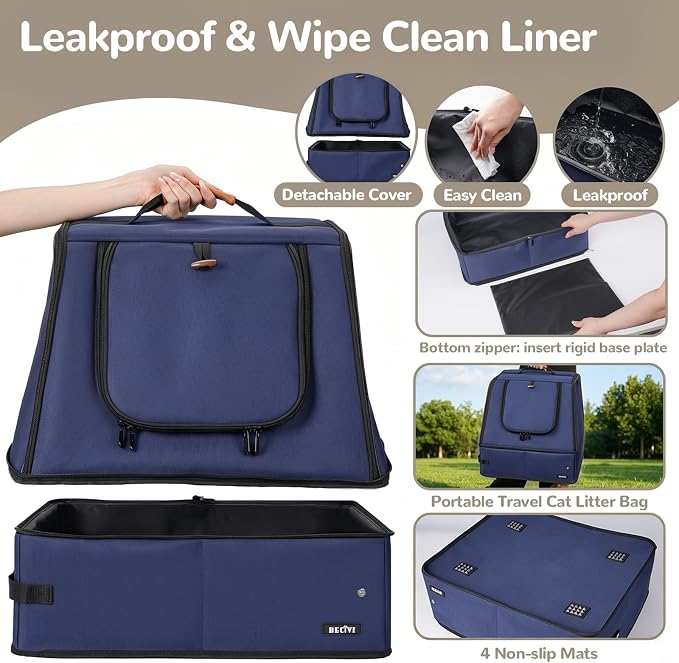 Portable Cat Travel Litter Box with Lid,No Collapse with Hard Base Insert at Bottom, Leak-Proof & Foldable, Easy Clean Odor-Control Cat Travel Essentials for Car, Hotel, Airplane, Camping,Trips Navy