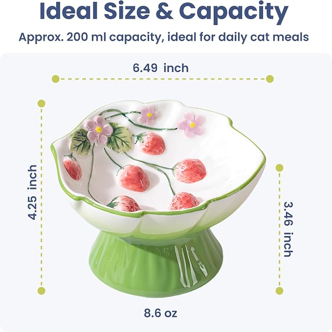 Strawberry Blooms Elevated Ceramic Cat Bowl, Green | Raised Cat Food Bowl with 15° Tilt, Whisker-Friendly Pet Feeding Bowl, Anti-Choking Dish, Dishwasher Safe