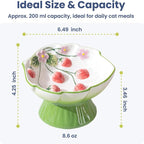 Strawberry Blooms Elevated Ceramic Cat Bowl, Green | Raised Cat Food Bowl with 15° Tilt, Whisker-Friendly Pet Feeding Bowl, Anti-Choking Dish, Dishwasher Safe