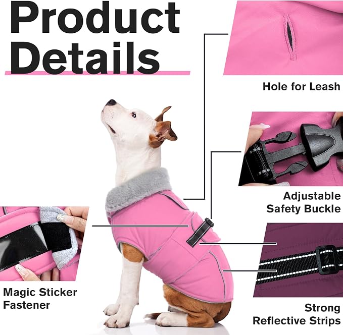 Lelepet Dog Coats for Large Dogs Waterproof Dog Jacket with Adjustable Fit | Reflective Pet Fleece Vest Hook & Loop Windproof Cold Weather Coats with Adjustable Buckle & Leash Hole, Pink, XXL