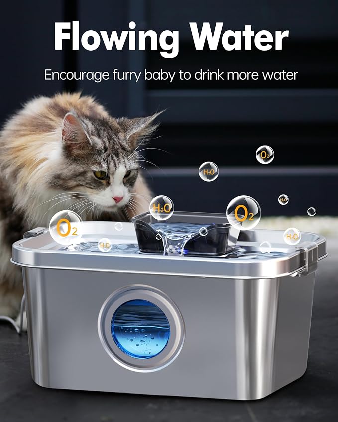 Dog Water Fountain 2 Gal, Stainless Steel Dog Water Fountain for Large Dogs Multi-Cats, Pet Water Fountain with Big Window, Super-Quiet Pump, Indoor Automatic Dog Water Bowl Dispenser Fountain Filters
