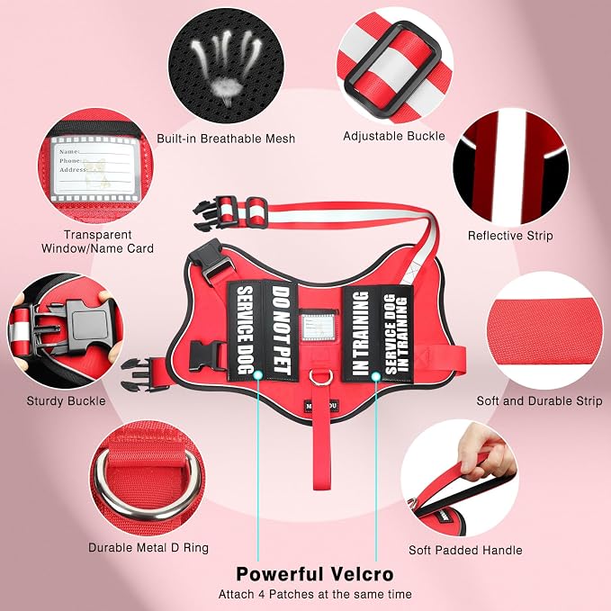 Service Dog Vest Harness and Leash Set+10 Patches,No Pull&Adjustable Reflective Dog Harness with Soft Padded Handle for Training/Everyday,Fit Small/Medium/Large/Extra-Large Dogs(Red M) | Adjustable Reflective Service Dog Harness Medium Sized,Dog Leash ...