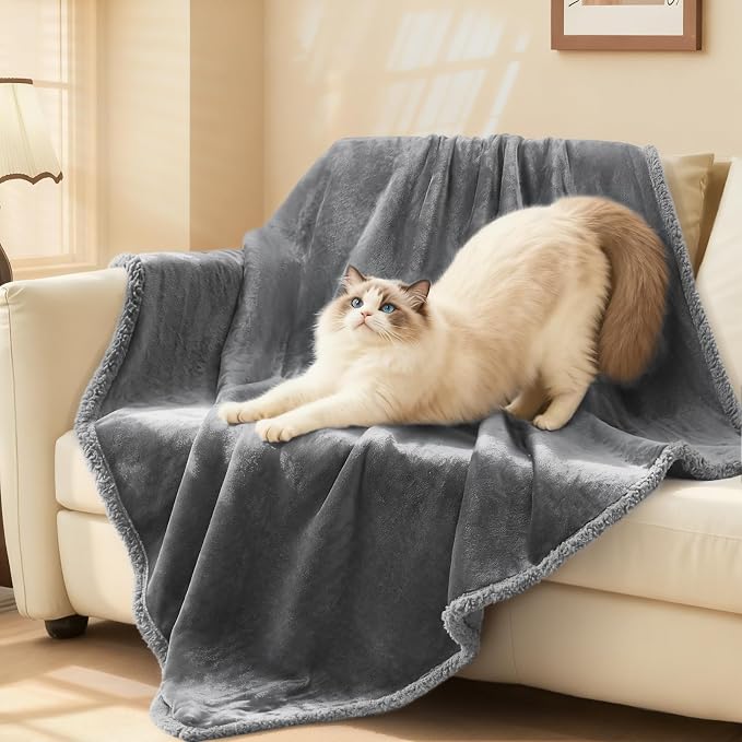 Luciphia Waterproof Bed Blanket Washable, Soft Sherpa Fleece Puppy Reversible Throw Blankets for Small, Medium Dog Cat, Furniture Cover Protector Couch from Liquid Pee and Pet Fur,Light Grey,57" x 40"