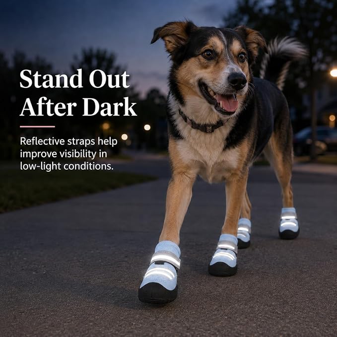 Dog Boots, Waterproof Dog Shoes with Reflective Straps, Rugged Anti-Slip Sole Paw Protectors for Medium Large Dogs, Breathable Pet Booties for Hot Pavement, Snow, Hiking, 4Pcs