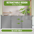 65" Wide Retractable Gate Stair Gates for Kids or Pets, Indoor/Outdoor/Gray | Retractable Dog Gate for Doorways/Stairs, Easy One-Hand Operation Safety Lock, Scratch-Resistant Mesh Baby Gate, Easy Install