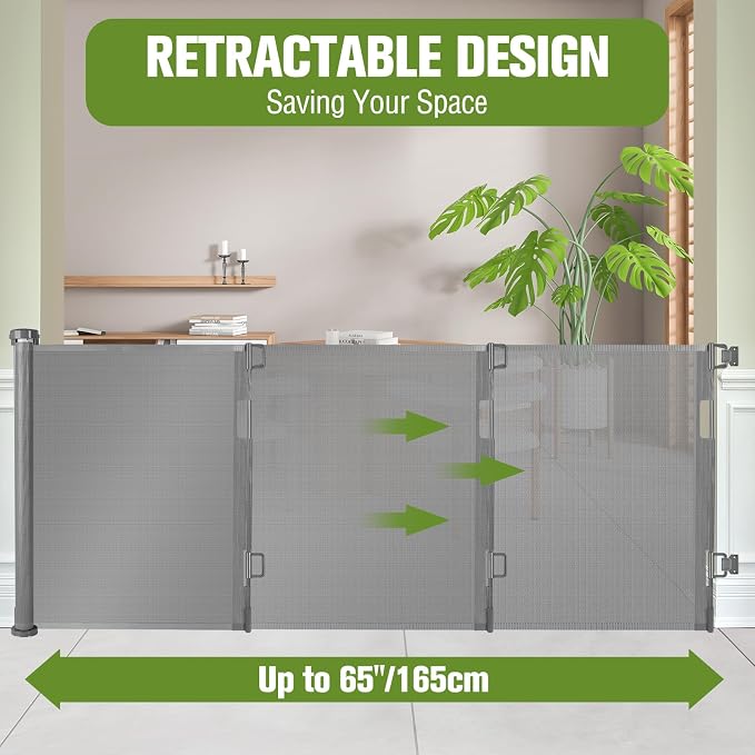 65" Wide Retractable Gate Stair Gates for Kids or Pets, Indoor/Outdoor/Gray | Retractable Dog Gate for Doorways/Stairs, Easy One-Hand Operation Safety Lock, Scratch-Resistant Mesh Baby Gate, Easy Install