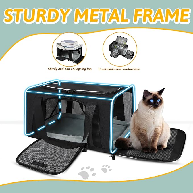 Petskd Small Pet Carrier 17" L x 12" W x 8.5" H Airline Approved, Black | for JetBlue/Frontier/Spirit Airlines, Lockable Safety Zippers and Anti-Scratch Mesh, Pets Under 8 lbs