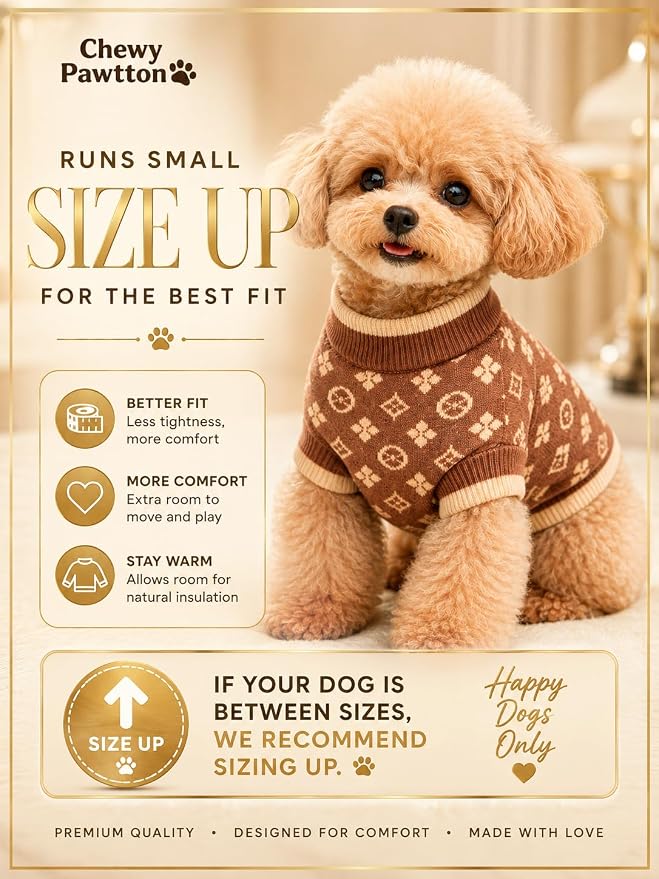 Dog Sweater for Small Dogs, Designer Dog Clothes, Luxury Chewy Pawtton Knit | Designer dog clothes for small dogs with soft knit comfort, luxury styling and easy pullover fit for Yorkies in cold weather.