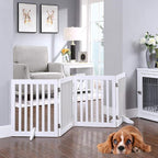 unipaws 24”H Free Standing Pet Gate for Dog Cat, 80”Wide Wooden Dog Gates | Foldable Pet Fence for Doorway, Stairs, Step, Expandable Doggy Barrier, Indoor Use, White