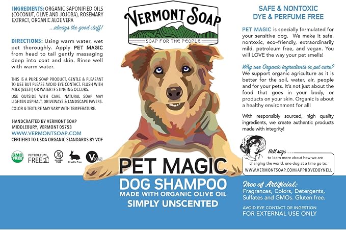 VERMONT SOAP Organic Pet Shampoo, Unscented Natural Dog Shampoo, 640 oz | Unscented formula, organic olive oil, coconut & aloe vera, sensitive skin care, USDA Certified, dog shampoo fragrance free