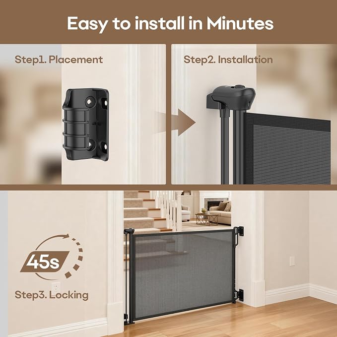 SPACEANY Retractable Safety Baby Gate or Mesh Dog Gate,Durable Portable Mesh Retractable Gate,Easy to Use for Stairs, Doorways, Hallways, Indoor, Outdoor, 33.5" Tall, Up to 55" Wide, Black
