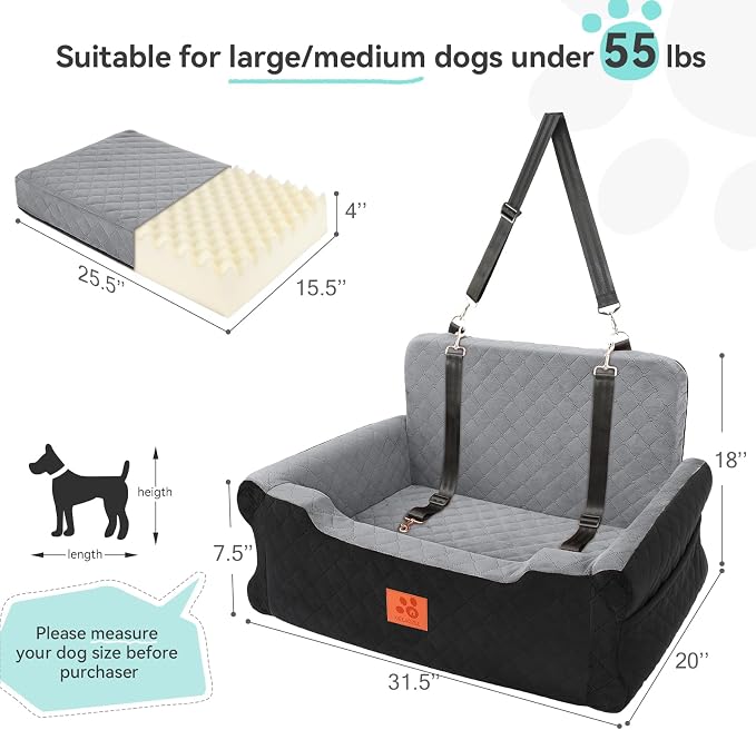 XIEEAOZEE Dog Car Seat for Large/Medium Dogs Up to 55 lbs, Soft Fabric Car Dog Bed Filling Memory Foam, Removable and Washable Pet Booster Carseat with 2 Safety Leashes, Thick Cushion (Black/Gray)