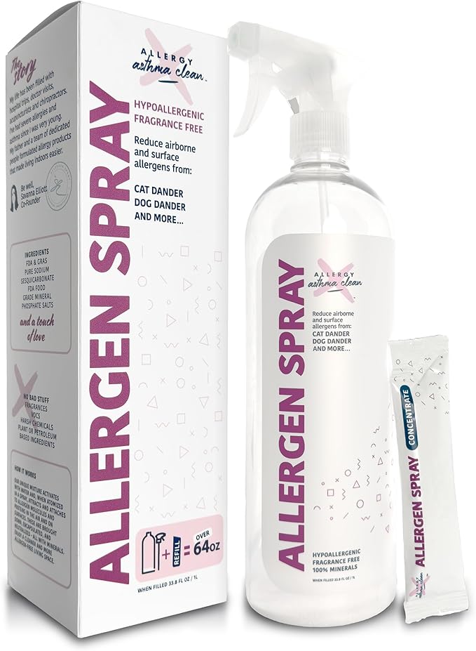 Allergy Asthma Clean Allergen Spray, Pet, Dust Allergies & More 64oz Total | Bottle Plus One Refill, Backed by Science, Fragrance Free, Pet Friendly, Air & Surface