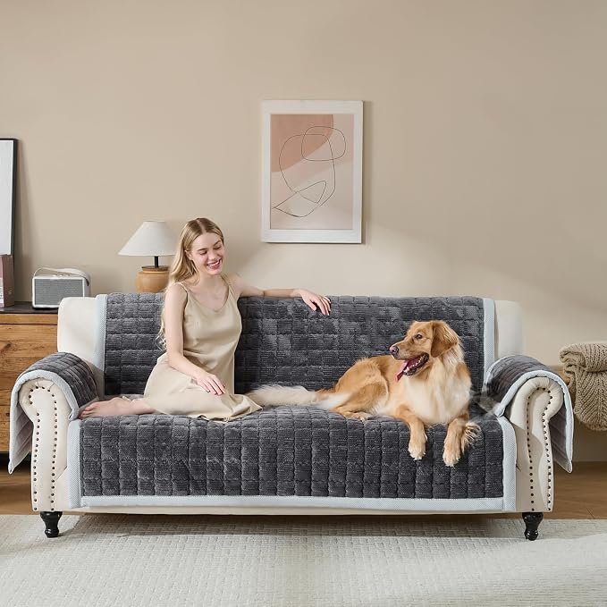 Couch Cover for Dogs Washable,Non-Slip Fuzzy Sofa Covers for Pets | Thick Soft Furniture Protector Fits Loveseat & Sectional,Against Fur&Dirt (Dark Gray, 1pc/36"x65"/Seat Cover)