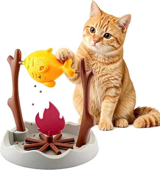 Cat Slow Feeder Treat Dispenser, Foraging Interactive Cat Puzzle Fish Toy | Enrichment Toy for Cats & Kittens Prevent Overeating & Relieves Boredom, Campfire Fish Cat Toy