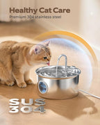 Stainless Steel Cat Water Fountain: Cat Fountain with 6 Filters + 3 Sponges - 88oz/2.6L Pet Water Fountain for Cats Inside - Silent Cats Water Bowl Dispenser - ATMZIQXR Kitty Drinking Fountains