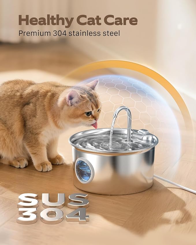 Stainless Steel Cat Water Fountain: Cat Fountain with 6 Filters + 3 Sponges - 88oz/2.6L Pet Water Fountain for Cats Inside - Silent Cats Water Bowl Dispenser - ATMZIQXR Kitty Drinking Fountains