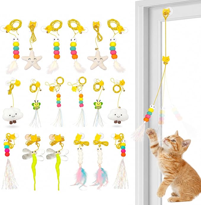 Interactive Hanging Cat Feather Toys, 18 PCS Cat Teaser Retractable Hanging Indoor Kitten Play Toys, Make Cats Fun Exercise & Self Play Toys