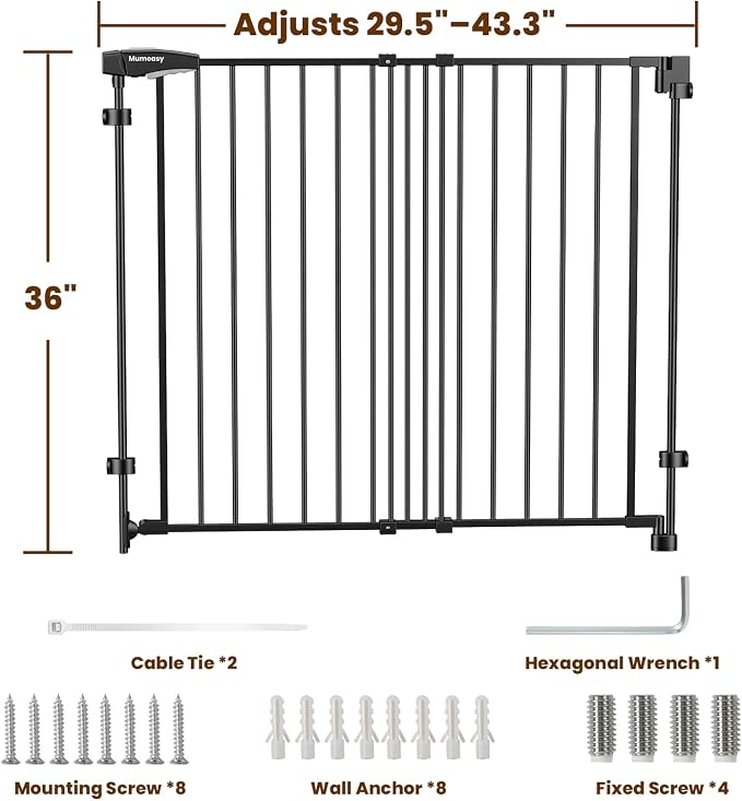 Mumeasy 36" Tall Baby Gate for Stairs, 29.5-43.3" Expandable Hardware Mounted (Drill Needed), Removable No Bottom Bar Dog Gate, Auto Close Wide Walk Thru Safety Gate for Doorways, Pets& Toddlers,Black