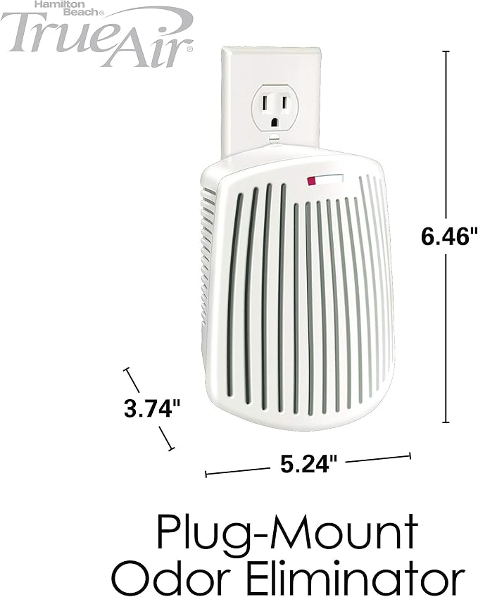 Hamilton Beach TrueAir Plug-Mount Odor Eliminator with Carbon Filter | Green Mountain Scent Cartridge | For Common Household-Smells, Tobacco, Pet, Bathroom, Trash | On/Off Fan | 04530GM