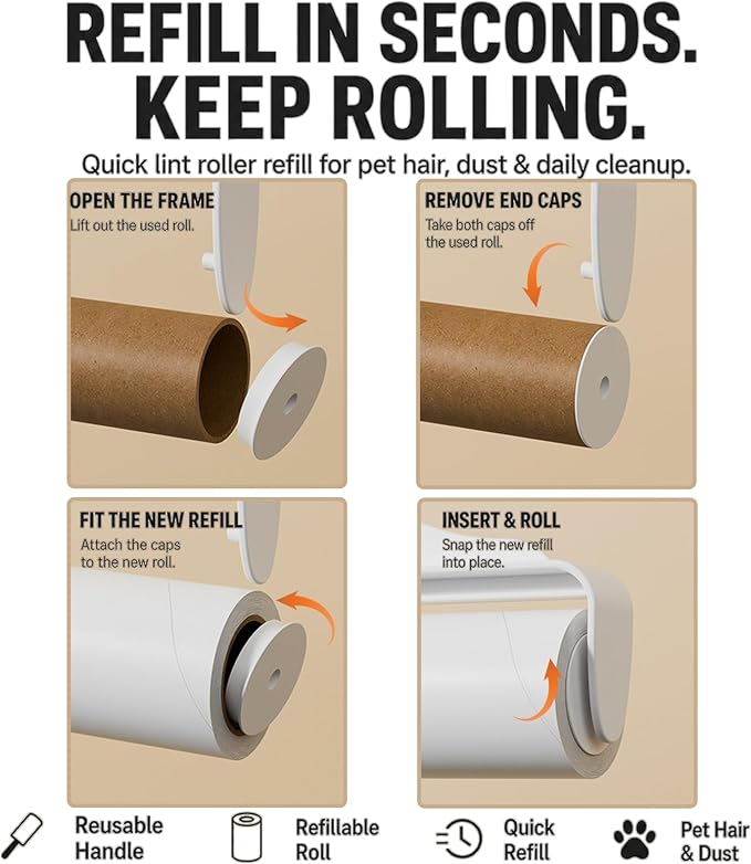 Large Lint Roller Pet Hair Remover, Long Handle Floor Roller, 4 Refills 400 Sheets | Switch from 8.7 in handheld control to 47.2 in reach for carpets, couches, cars, and narrow spaces under beds and sofas.
