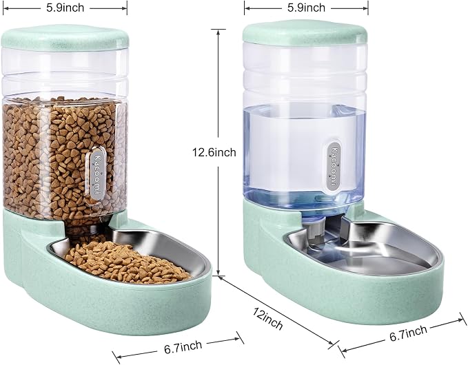 Automatic Cat Feeder and Water Dispenser with Stainless Steel Bowl Gravity Food Feeder and Waterer Set for Small Medium Dog Puppy Kitten 1 Gallon x 2(Green)