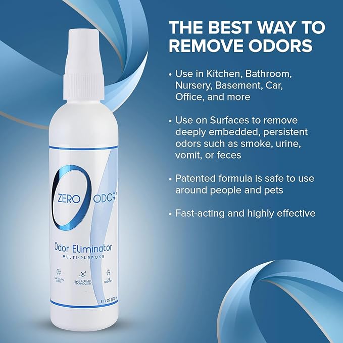 Zero Odor Multi-Purpose Odor Eliminator, Car & Room Air Freshener, 8 oz | Unscented Travel Size Spray for Bathroom, Closet, Kitchen & Small Spaces, Over 1,000 sprays