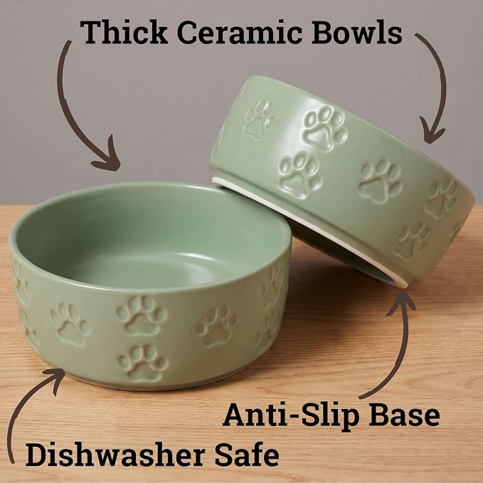 Ceramic Dog Bowl Set of 2 with Anti-Skid Base, 5.5"W x 2"H, 2 Cup Capacity | Thick Ceramic, Dishwasher Safe, Anti-Skid Rubber Base, 2 Cups per Bowl, Ceramic Food and Water Bowls Set of 2 for Small Dogs