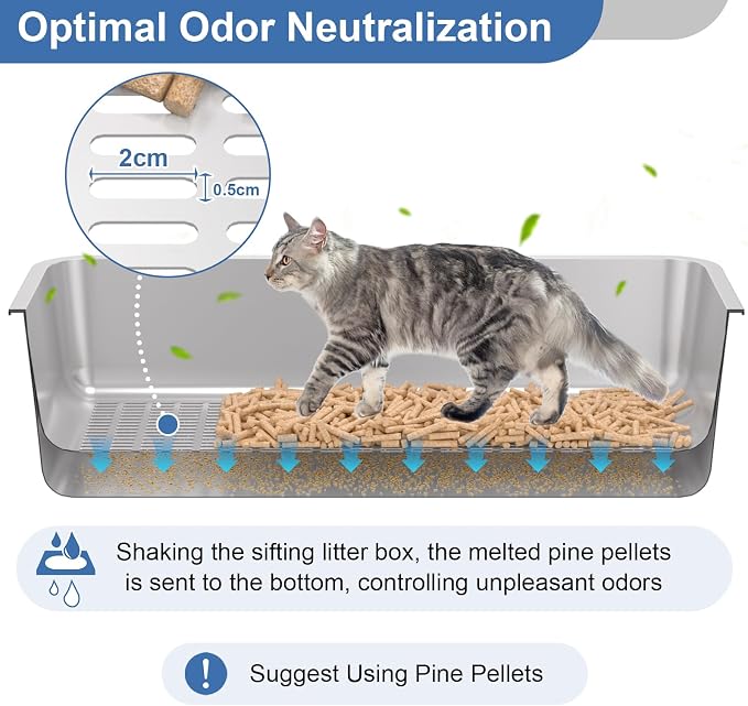 XXXL Stainless Steel Sifting Litter Box with Lid, 28'' L × 20'' W Extra Large Sifting Cat Litter Box for Pine Pellets & Big Cats & Multiple Cats, Metal Pellet Sifter Litter Pan System for Odor Control