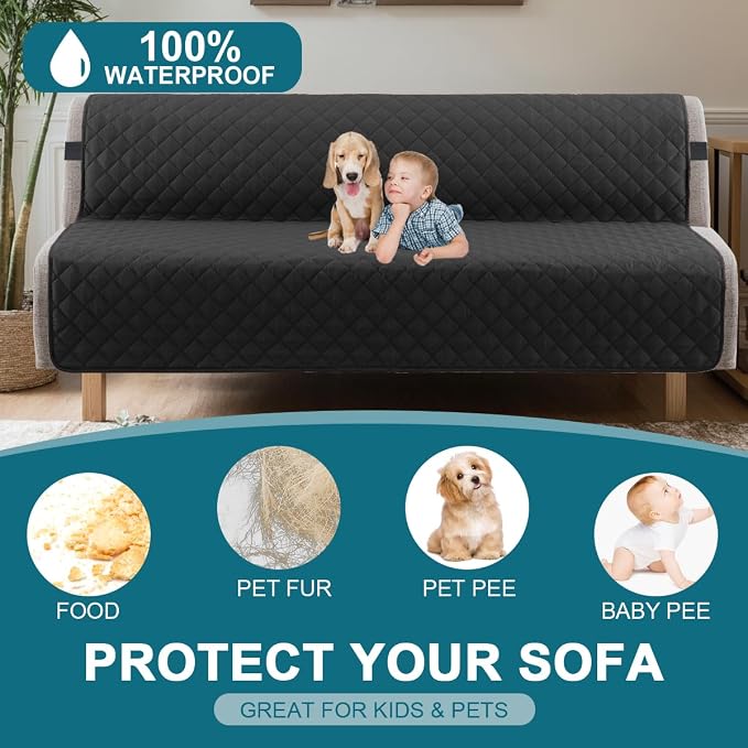 Turquoize 100% Waterproof Futon Cover Futon Slipcover Washable Armless Sofa Bed Slipcover Protector Seat Width Up to 70" with Adjustable Elastic Strap Anti-Slip for Dogs, Black