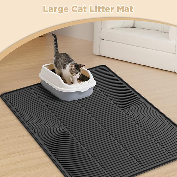 AMOK Cat Litter Mat, Extra Large Silicone Litter Box Mat 40" x 28", Waterproof Litter Trapping Mat for Cats, Durable and Easy to Clean, Black