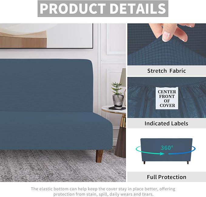 Easy-Going 100% Waterproof Futon Cover, Stretch Futon Slipcover Medium | Dual Waterproof Armless Futon Couch Cover, Leakproof Sofa Bed Furniture Protector for Kids Pets Dog Cat, Bluestone