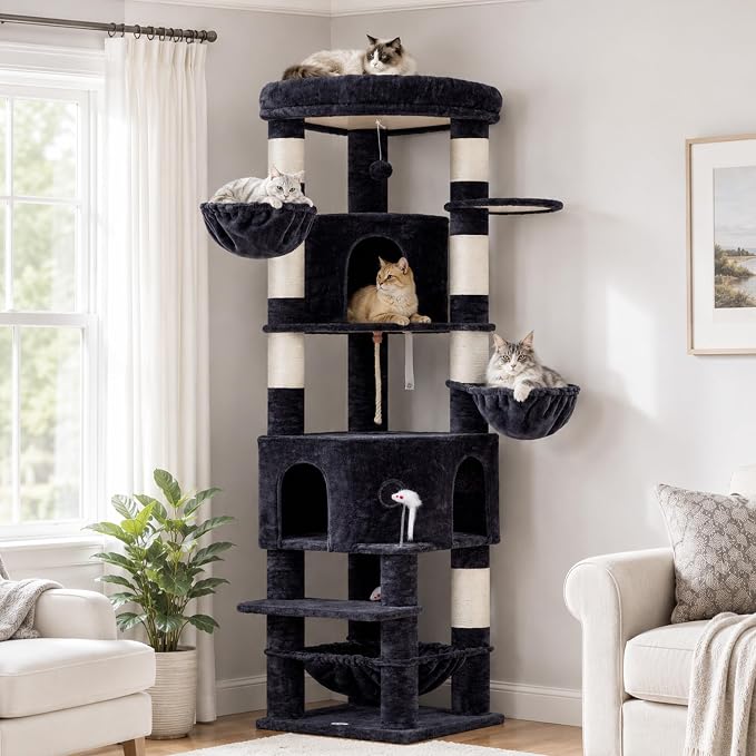 Cat Tree, 81.1" Skyward Corner Cat Tower for Large Cats VCT031G | Space-Smart Cat Furniture with Diamond Hideout, Grand Platform, Firm Base, 3 Soft Hammock & Pet Relax Station, Dark Gray