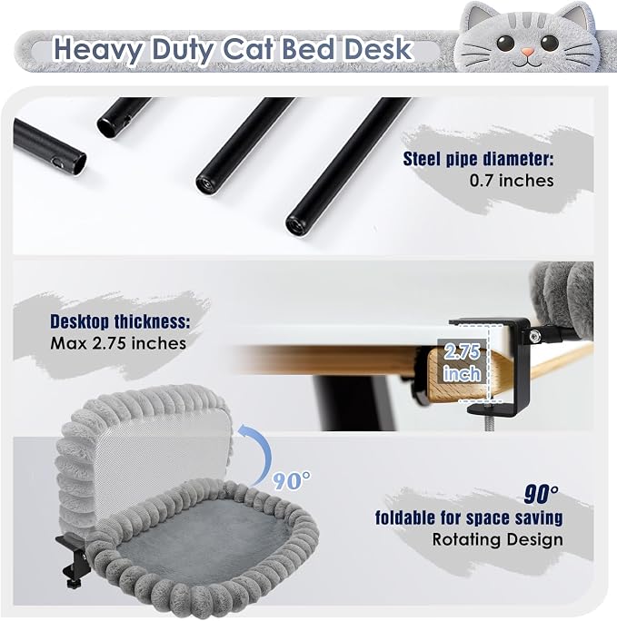 IPOW X-Large Cat Bed Heavy Duty Steel Frame Supports up to 40lbs Cat Desk Bed & Perch Space-Saving 90°Foldable with Soft Ultra-Plush Faux Fur for Small Medium Large Cats