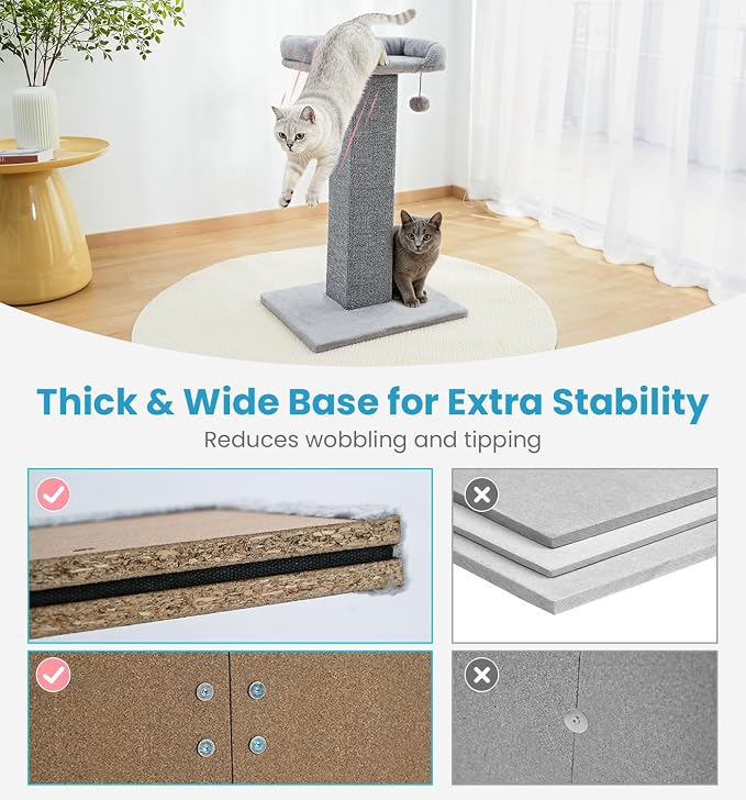 Made4Pets 32" Carpet Cat Scratching Post with Bed for Indoor Cats, Grey | Carpet Cat Scratcher, Raised Perch with Removable Washable Cover, Wide Base, Hanging Ball, Compact Indoor Design