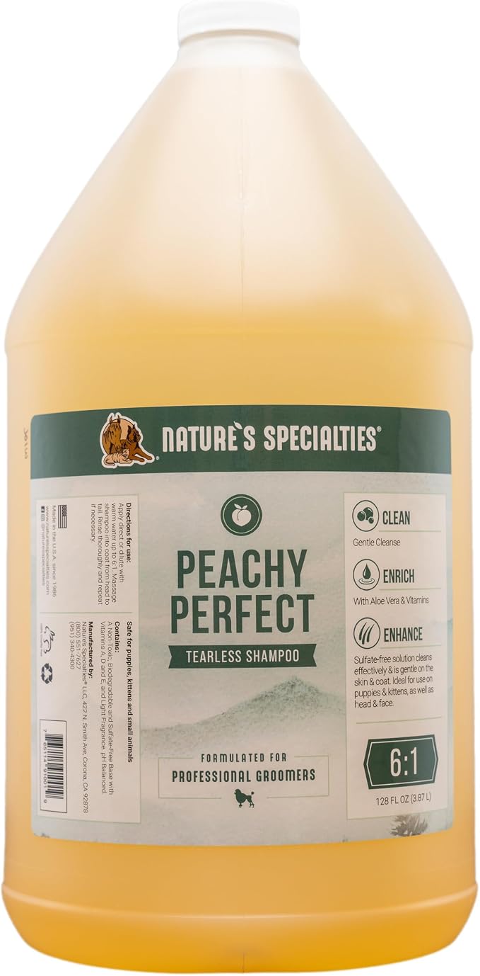 Nature's Specialties Peachy Perfect Ultra Concentrated Dog Shampoo for Pets, Makes up to 6 Gallons, Natural Choice for Professional Groomers, Gentle on Skin & Coat, Made in USA, 1 gal