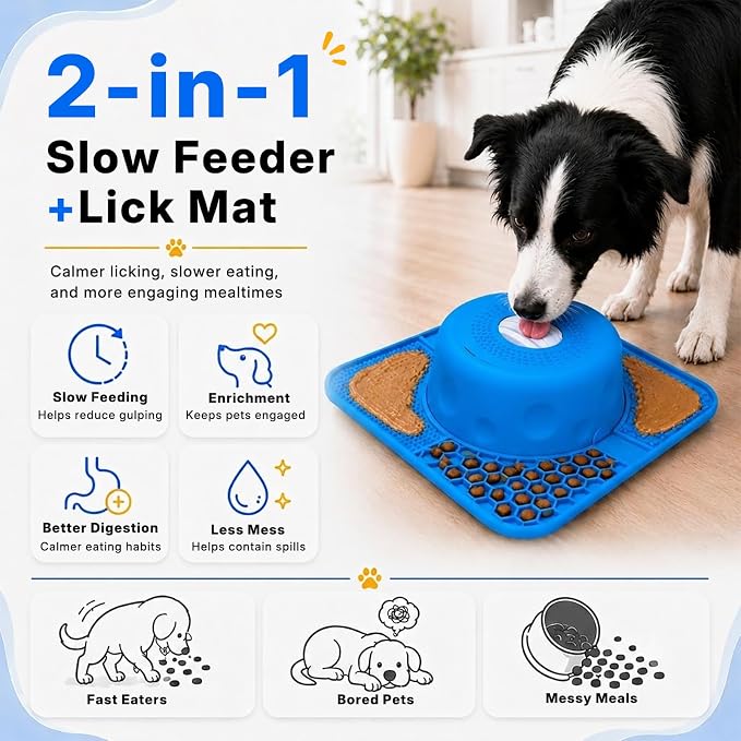 2-in-1 Slow Feeder Dog Bowl, Rolling Ball & Lick Mat, Large Blue | 16.9 oz silicone bowl mat with non-slip suction cups for liquid and thick treats, for large, medium, small dogs and cats