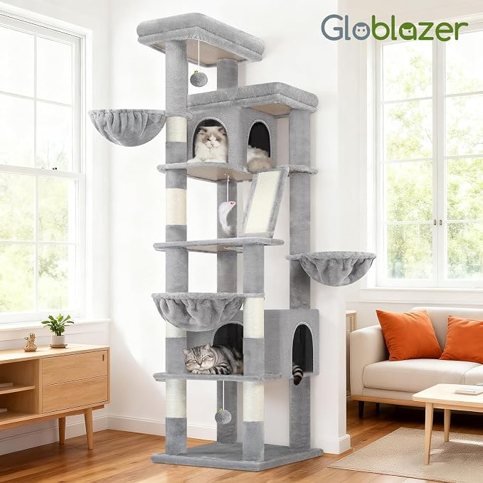 Globlazer Extra Large Cat Tree Tower 80in XXL Tall Cat Tree for Multiple Indoor Cats Large Adult Kittens with Scratching Posts, 2 Widened Perches, Adjustable Baskets, 2 Cozy Condos, S80G, Light Grey