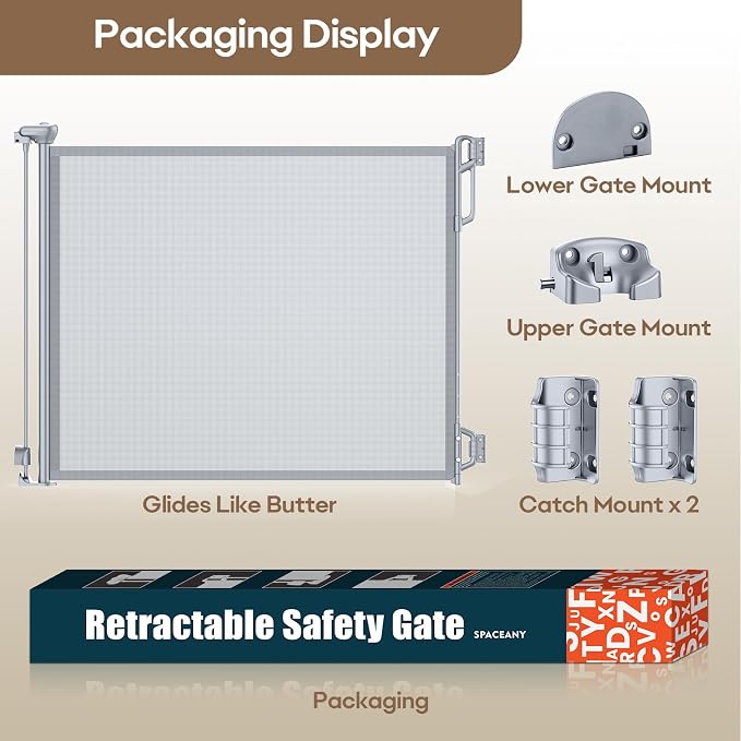 SPACEANY Retractable Safety Baby Gate or Mesh Dog Gate,Durable Portable Mesh Retractable Gate,Easy to Use for Stairs, Doorways, Hallways, Indoor, Outdoor, 33.5" Tall, Up to 45" Wide, Gray