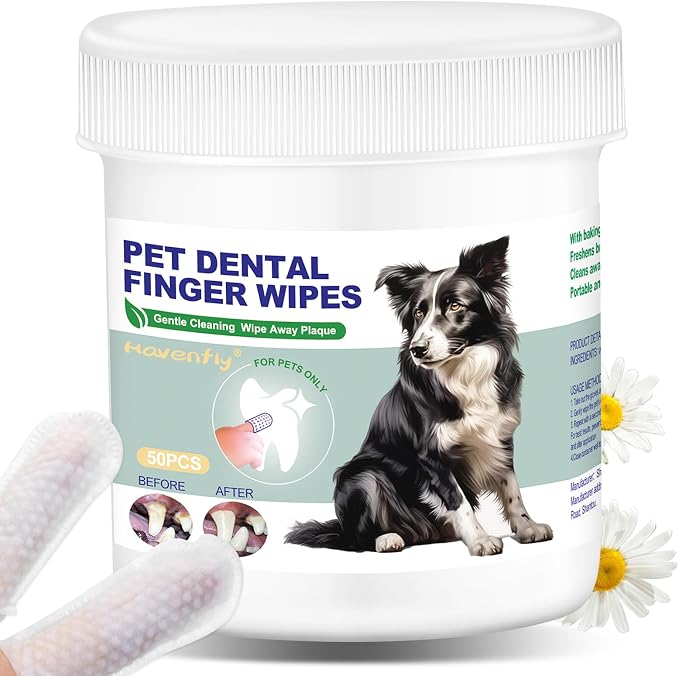 Pet Teeth Cleaning Finger Wipes for Dogs & Cats, Dog Dental Wipes for Removing Plaque and Tartar Buildup, No-Rinse Disposable Gentle Cleaning & Gum Care Pet Wipes, 50 Counts